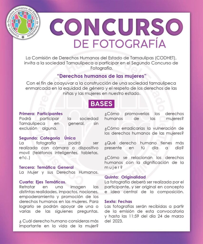 Invita la CODHET a participar en el Segundo Concurso de Fotografía. “Los Derechos Humanos de la Mujer”