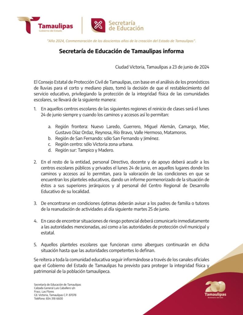 Secretaría de Educación de Tamaulipas informa