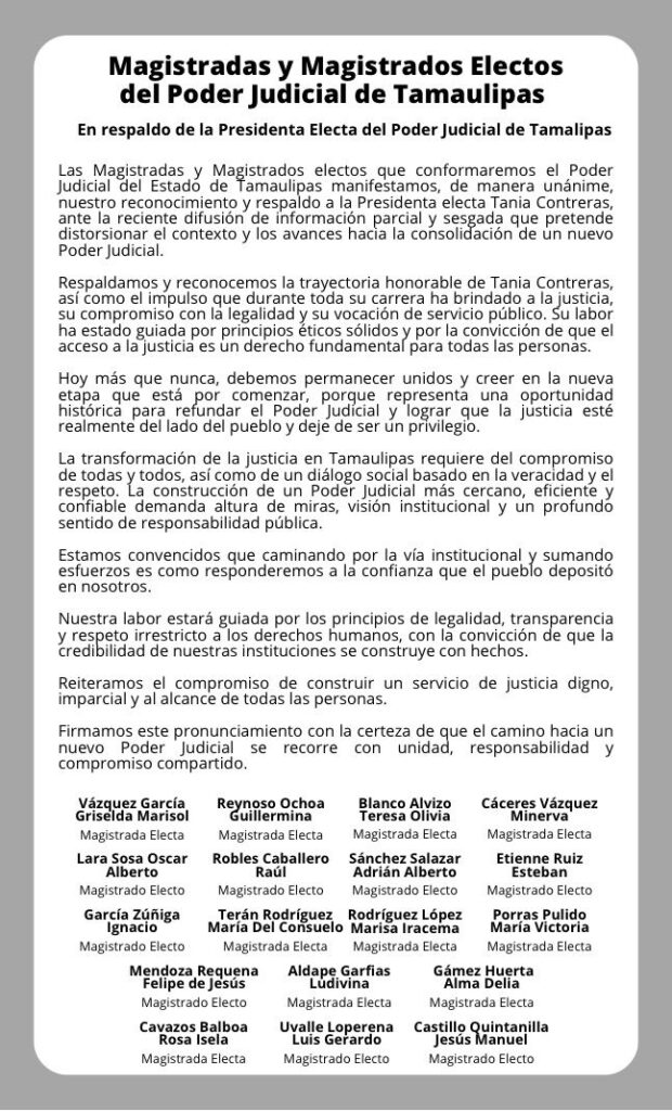 Magistradas y Magistrados Electos refrendan respaldo y unidad en torno al liderazgo de Tania Co